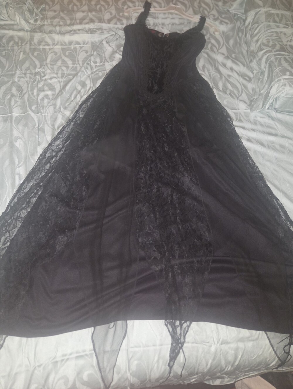 Vintage 90s Goth Tripp NyC Maxi Corset Dress Black Lace, Velvet, Princess Vamp - Picture 3 of 14